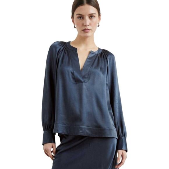 Rails Wynna Satin Long Sleeve V-Neck Ruched Blouse Deep Sea Steely Blue Size S - Picture 1 of 16